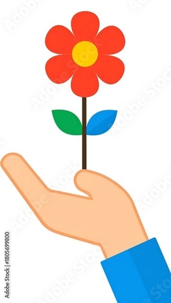 Fototapeta A stylized, peach-colored hand holds a bright orange flower with a yellow center on a brown stem with green leaves