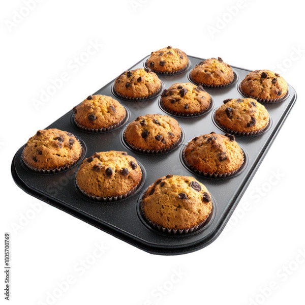 Fototapeta Teflon coated baking tray with cookies or muffins in high angle view on white background