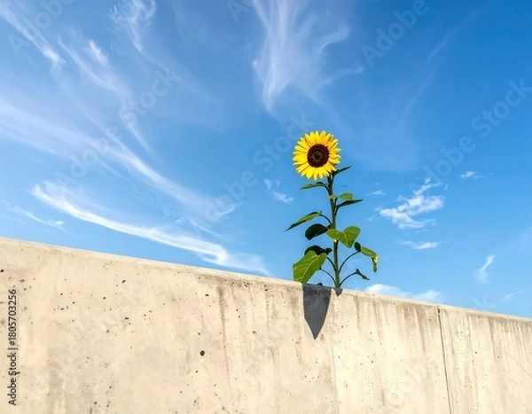 Fototapeta A sunflower emerges from behind a concrete wall against a striking blue sky with wispy, white clouds