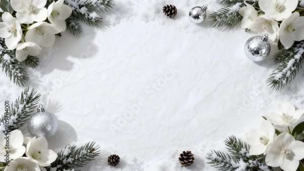 Fototapeta  Elegant Winter Holiday Frame with Snow, White Flowers, and Silver Ornaments for Copy Space