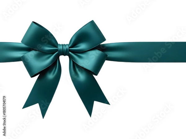 Obraz Luxurious teal satin gift bow and horizontal ribbon isolated for holiday design and decoration. isolated PNG with Transparent Background