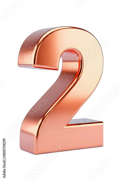 Fototapeta Shiny metallic rose gold number two 3D render isolated for design and counting isolated PNG with Transparent Background