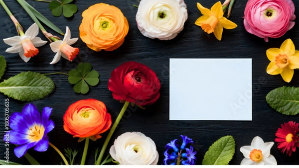 Obraz  Top View Spring Flower Arrangement with Blank Card for Copy Space on Dark Wood Background