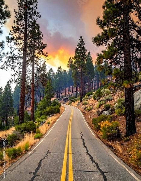 Fototapeta A winding road ascends through tall trees, with a sunset sky. Golden fields line the path, with rocks and shrubs