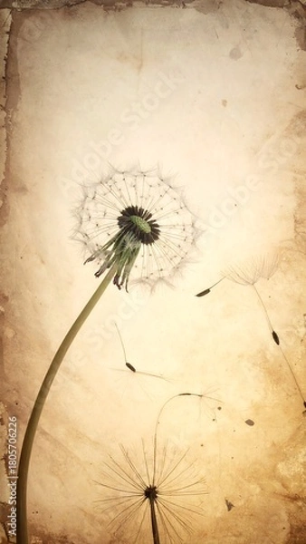 Fototapeta A sunlit dandelion seed head and stalk, on aged, textured paper with a brownish tint and scattered seeds