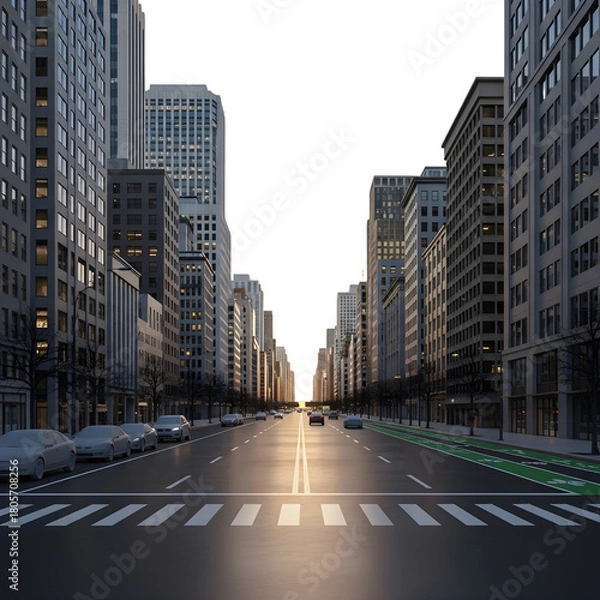 Fototapeta Empty modern downtown city street perspective surrounded by tall skyscrapers at sunset isolated PNG with Transparent Background
