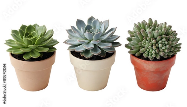 Obraz Variety of small green and blue potted succulent plants, perfect for indoor gardening design. isolated PNG with Transparent Background