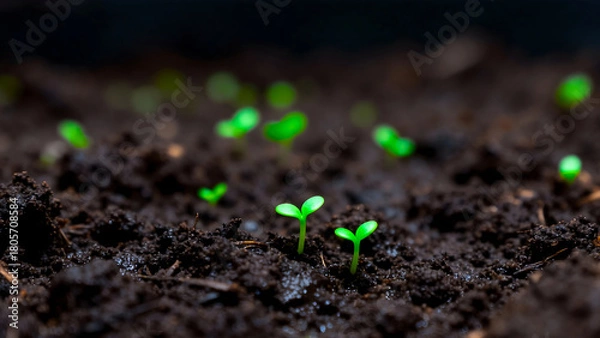 Fototapeta  Close-up of Tiny Green Seedlings Emerging from Dark Soil with Shallow Depth of Field