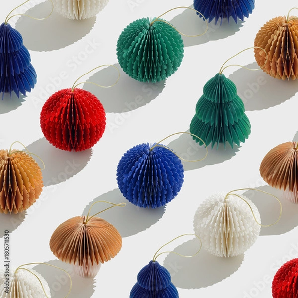 Fototapeta Colorful Paper Christmas Ornaments as round balls and Christmas trees, hanging eco-friendly New Year decorations. Minimal aesthetic holidays repeat pattern, top view backdrop of winter baubles.