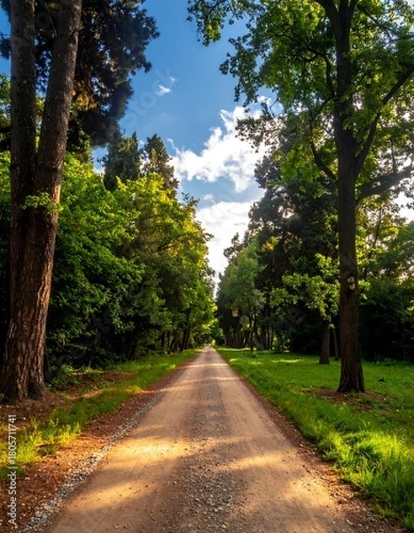 Fototapeta A sunlit gravel path, flanked by tall, green trees under a bright blue sky with fluffy clouds
