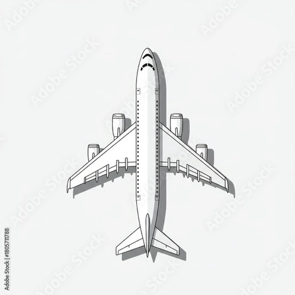 Fototapeta Top-down view of a white airplane with four engines casting a shadow on a white background, minimalist design.
