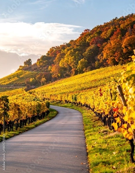 Fototapeta A winding road through sun-drenched vineyards during autumn, with colorful foliage on the hills