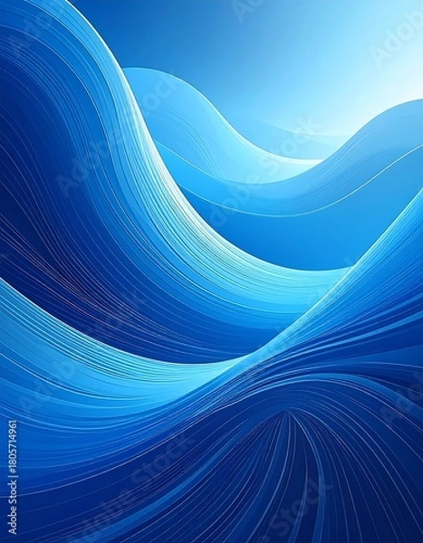Fototapeta Abstract flowing blue curves cascade downward in a textured, dynamic, and calming composition with soft highlights