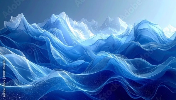 Fototapeta Abstract flowing blue waves and peaks; ethereal, translucent, and airy with a gradient light blue background