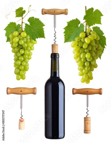 Obraz A wine bottle with a corkscrew, flanked by two grape bunches and two more corkscrews, all on a stark white background