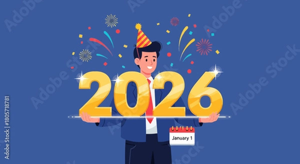 Fototapeta Welcome 2026 New Year celebration with confetti and party hat excitement