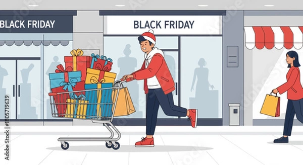 Fototapeta Black Friday shoppers with carts full of gifts enjoying post-holiday shopping