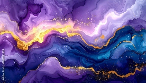 Fototapeta Abstract flowing design with violet, blue, and gold streaks, evocative of marbling or liquid paint effect