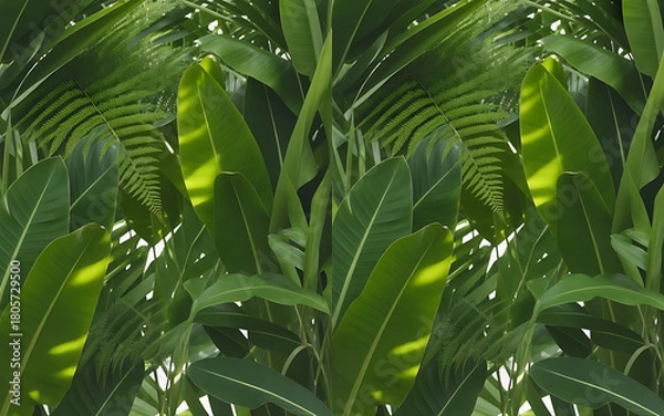 Fototapeta Lush green tropical leaves create a vibrant botanical backdrop perfect for nature lovers and fresh designs, a verdant jungle vibe for your creative projects