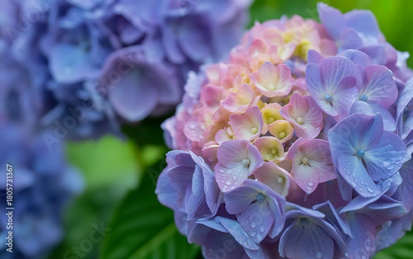 Fototapeta Stunning hydrangea blossoms capture the essence of spring, their delicate petals creating a soft, inviting scene suitable for springtime promotions