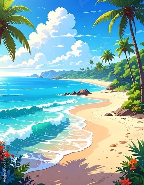 Fototapeta A sunny, bright beach scene with palm trees, blue water, white clouds, and tropical foliage