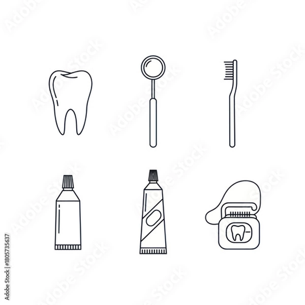 Fototapeta A set of simple line art icons representing dental care, oral hygiene, and stomatology tools.