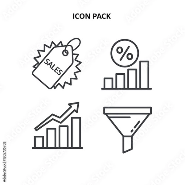Fototapeta Business and marketing line icon pack with sales tag, growth chart, percentage, and funnel symbols.