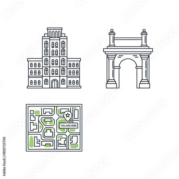 Fototapeta A set of city travel and landmark icons in a minimalist line art style, featuring a building, an arch, and a navigation map.