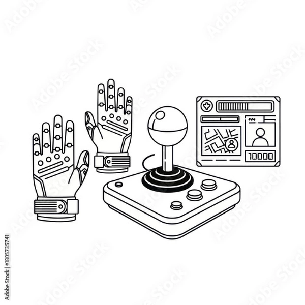 Fototapeta A set of virtual reality gaming peripherals including haptic gloves, an arcade joystick, and a HUD screen.