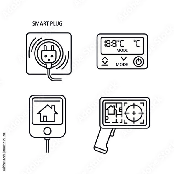 Fototapeta A set of linear icons for smart home devices: smart plug, thermostat, controller, and thermal imager.