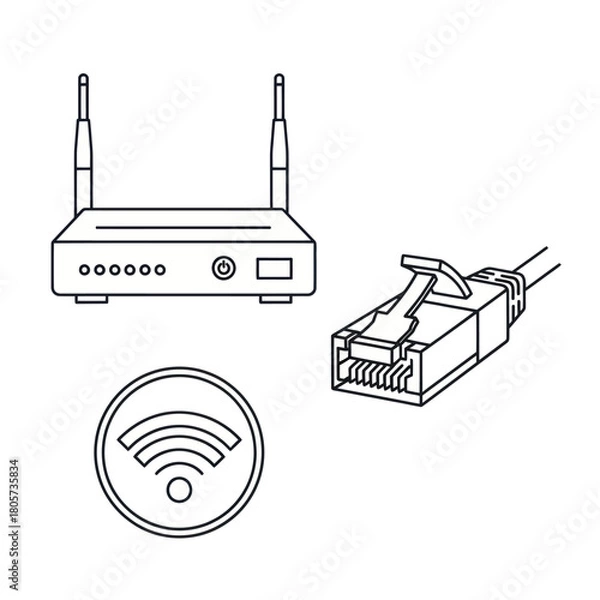 Fototapeta Internet and network connectivity icon set with a wireless router, ethernet plug, and Wi-Fi symbol in a simple line art style.