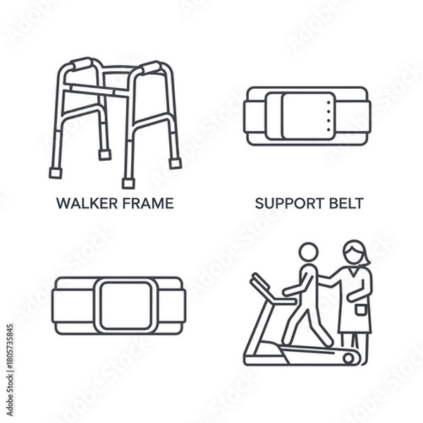Fototapeta Medical rehabilitation and physical therapy line icon set with walker frame, support belt, and therapist.