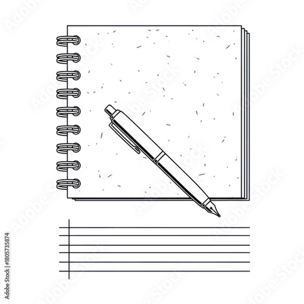 Fototapeta Minimalist black and white line art of a spiral notebook with a pen and lined paper.