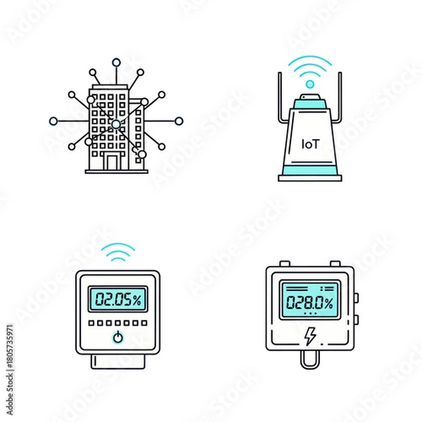 Fototapeta Smart building and IoT technology linear color icon set with digital utility meters.