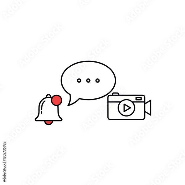Fototapeta Social media and video content icons set with a notification bell, comment bubble, and video camera.