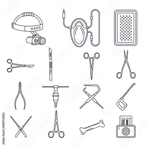 Fototapeta Surgical instruments and medical equipment outline icon set for healthcare design