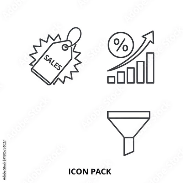 Fototapeta Vector line icon pack for business and marketing, featuring a sales tag, growth chart, and funnel.
