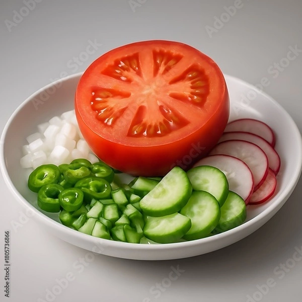 Fototapeta A vibrant ultra-realistic 8K salad plate featuring sliced tomato, onions, cucumbers, radish, and green chilies with perfect lighting and lifelike textures.
