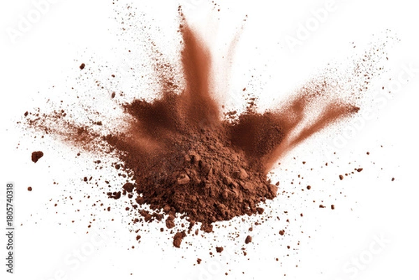 Obraz A dynamic splash of cocoa powder exploding against a white background. capturing the essence of baking and culinary creativity. ideal for food-related projects or advertisements