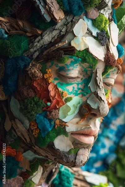 Obraz Conceptual Portrait Composed Of Tree Bark Moss Lichen And Petals Representing Ecology In Textural Assemblage.