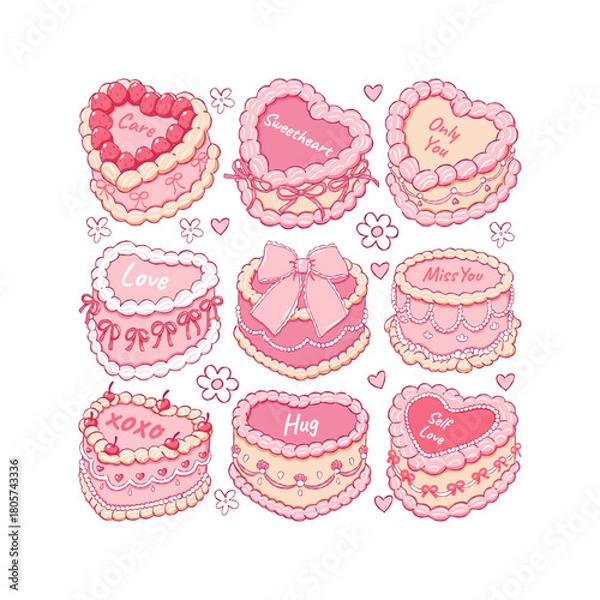 Fototapeta Valentines Cakes Collection Vector, Hand Drawn Vintage Retro Cake Doodle, Trendy Coquette Heart Cakes Design Vector