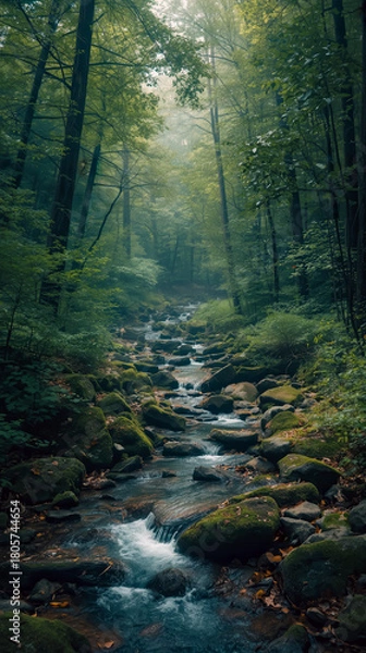 Fototapeta Winding Stream Cascades Over Moss Covered Rocks Through A Dense Misty Temperate Forest Landscape.