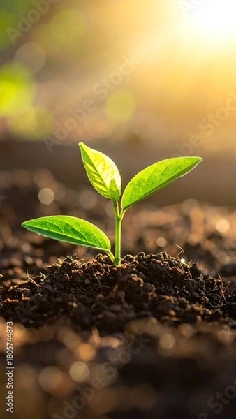 Fototapeta A close-up shot of a small plant sprouting from dark, rich soil, bathed in golden sunlight, with a soft bokeh background