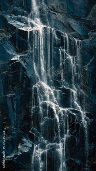 Obraz Dramatic Waterfall Cascading Down Dark Steep Textured Rock Face In Streaks Of Foamy Water.