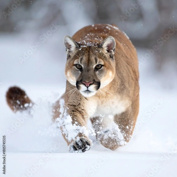Fototapeta A large, tan feline strides powerfully towards the viewer through fresh, powdery white snow, creating a trail