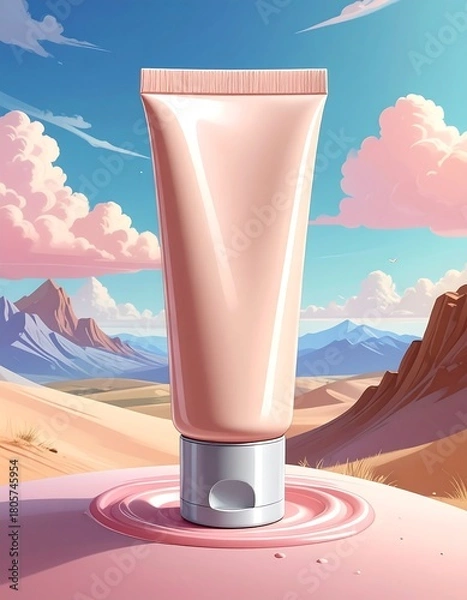 Fototapeta A pastel-hued cosmetic tube stands upright against a surreal desert backdrop of mountains, dunes, and fluffy clouds. A small pink spill below the tube