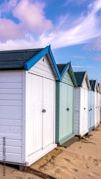 Fototapeta A row of colorful, gabled beach huts lines a sandy shore under a partly cloudy, blue sky at eye-level perspective