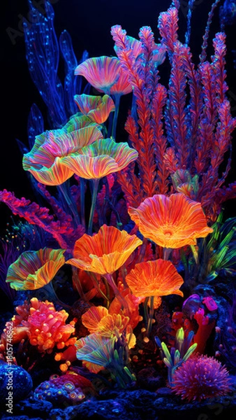 Fototapeta Surreal Underwater Garden With Luminous Coral And Mushroom Like Plants Glowing In Neon Bioluminescence.