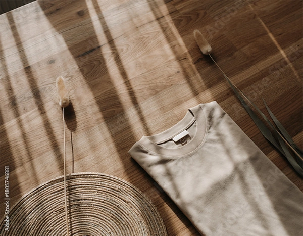 Obraz Beige folded t-shirt mockup with pampas grass on wooden floor flatlay