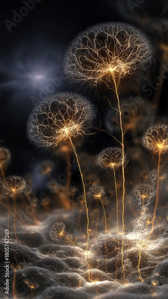 Fototapeta Dandelion Seed Heads Rendered As Glowing Neural Networks On Tall Stems Emerging From Misty Swirls.